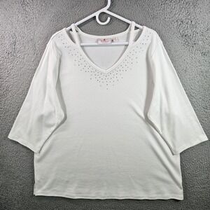Quacker Factory Rhinestone V Neck 3/4 Sleeve Top Plus Size 2X White Embellished